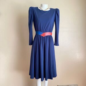 Vintage Medium Navy Blue 80s Long Sleeve Dress with Rad Belt Faux Red Snakeskin